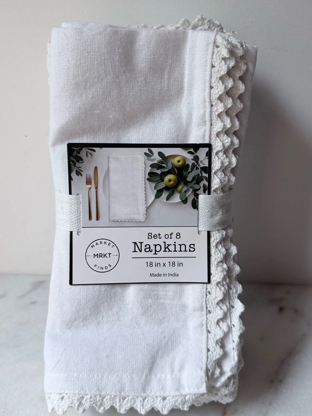 MRKT Set of 8 White Crochet-Edge Napkins 18”x18”